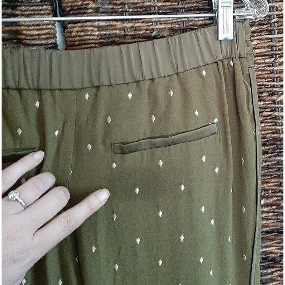 Anthropologie Elevenses Embroidered Womens Pants 2 Green Metallic Cropped Lined - Picture 4 of 9